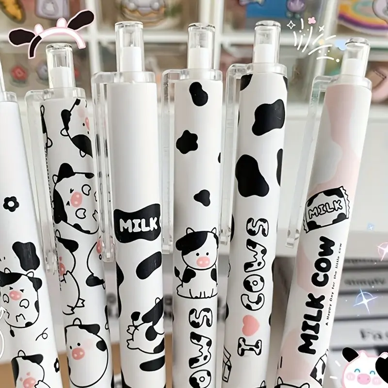 6/16pcs Cow-Themed Automatic Retractable Ballpoint Pen Set, Ballpen Set, Ball Point Pens, Smooth Writing with 0.5mm Black Ink, The Gift for Office Christmas, Valentine's Day, Birthdays (Random Patterns), Cute Retractable Pen