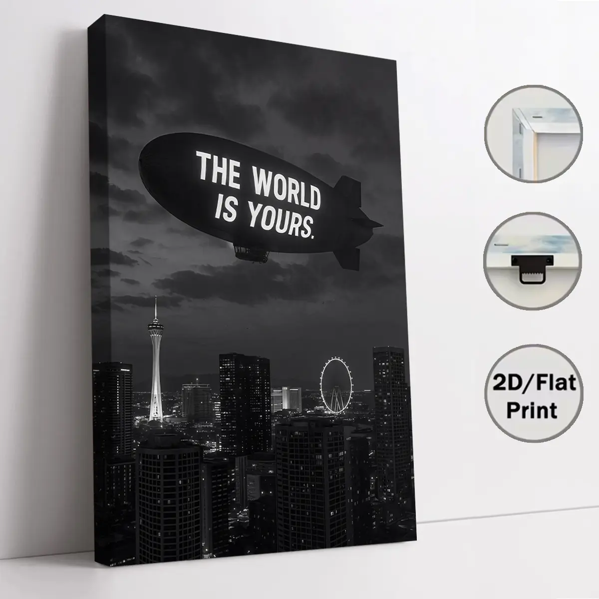 "The World Is Yours" flying boat city landscape poster, 2D flat-printed canvas wall art, modern home decor wall hanging, inspiring wall art print gift, suitable for bedroom wall decoration in living rooms, bedrooms, offices, and apartments.