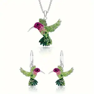 3pcs/set Women's Party Jewelry Set - Hummingbird Pendant Earrings + Necklace, Alloy with Synthetic Gems | Exquisite Design | Fashionable Party Accessory