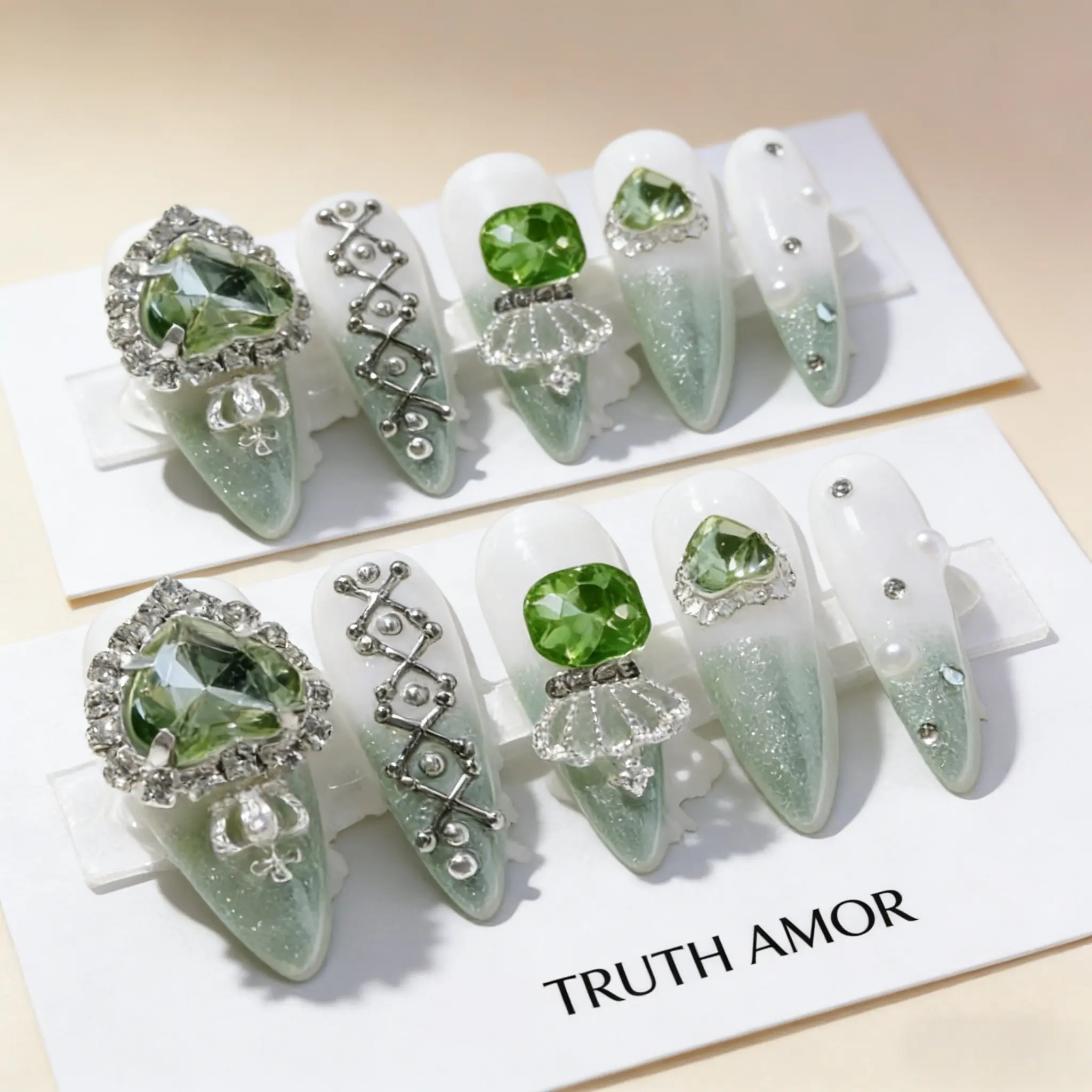 1Set, TRUTH AMOR Fresh Green Gradient Press On Nails, 10Pcs Long Almond Shape, White To Glitter Green Ombre Base, Large Emerald Rhinestone & Silver Metal Ornament Decor, Easy Wear For Daily Holiday, ViralJadeToneNail, ElegantManicureSupply, PortableNailDe