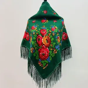 120*120cm Luxury Floral Russian National Square Scarf Women Fringed Ukrainian Shawls Scarves Ladies Head Wrap Hijab Bandana