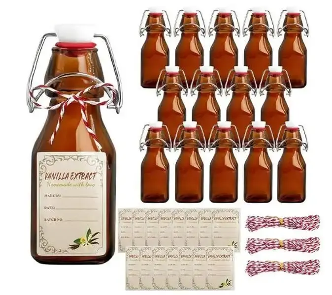12Pcs 4oz 125ml Amber Square Glass Bottles with Leakproof Swing-Top Caps, Cotton Twines & Labels - Kitchen Preserving Containers for Vanilla Extract, Oil - Ideal for Homebrewing Enthusiasts