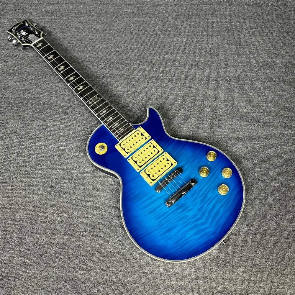 Gibson Blue Tiger Stripe LP Electric Guitar, Rosewood Fingerboard, 6 Strings, HHH Pickups, Fixed Bridge, Yellow Accessories, Solid Wood Body