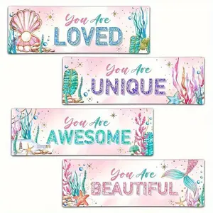 Mermaid Themed Wooden Wall Decor, 4 Counts/set Lovely Aesthetic Design Letter Pattern Wall Art Decoration with Double Sided Tape, Wall Decor for Home Living Room Bedroom, Stickers
