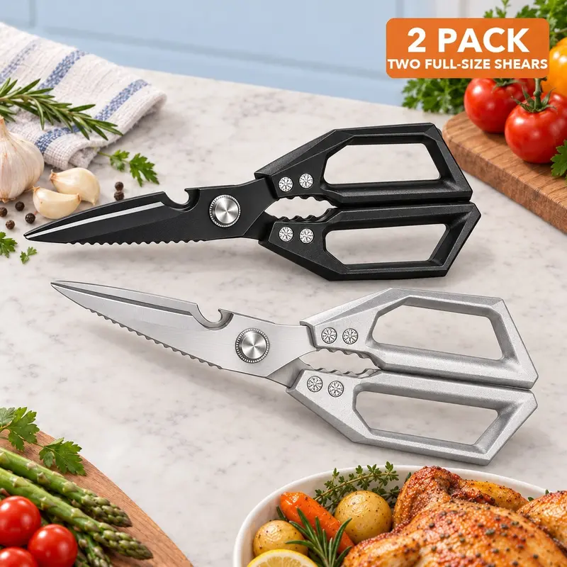 2 Pack Poultry Shears Heavy Duty, Set of 2 Identical All Metal Kitchen Scissors for Food, Ultra Sharp Serrated Blades for Chicken Bones, Turkey, Fish & Meat, 9.25 in Cooking Shears with Nut Cracker & Bottle Opener, Gift Set – Sizoto