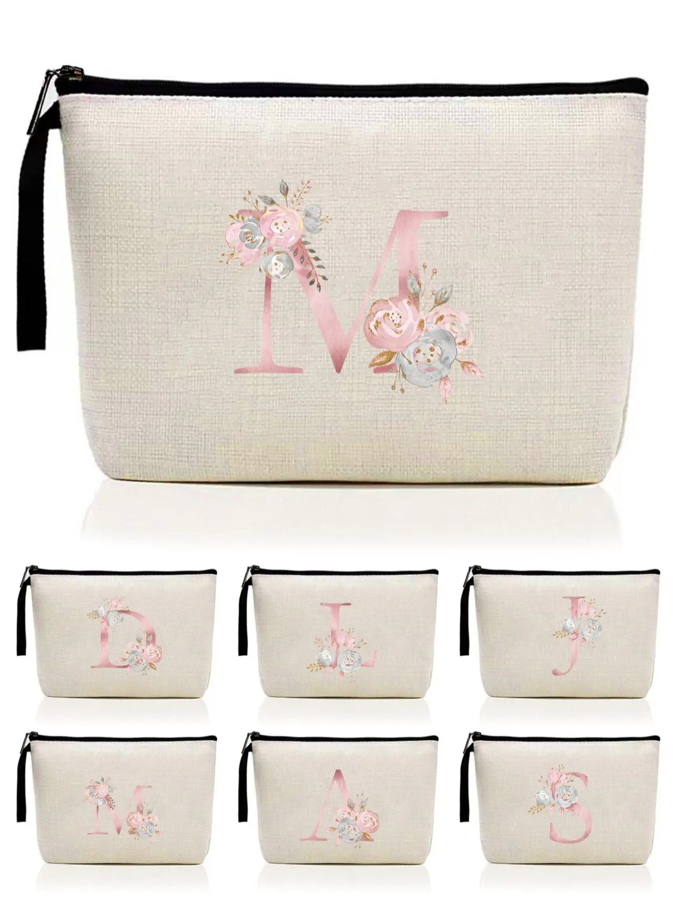 Letter & Floral Pattern Makeup Bag, Initial Letter Print Portable Cosmetic Bag, Travel Canvas Cosmetic Storage Bag, Cosmetic Travel Bags, Cosmetics Bag, Birthday Gift, Makeup Organizer Pouch