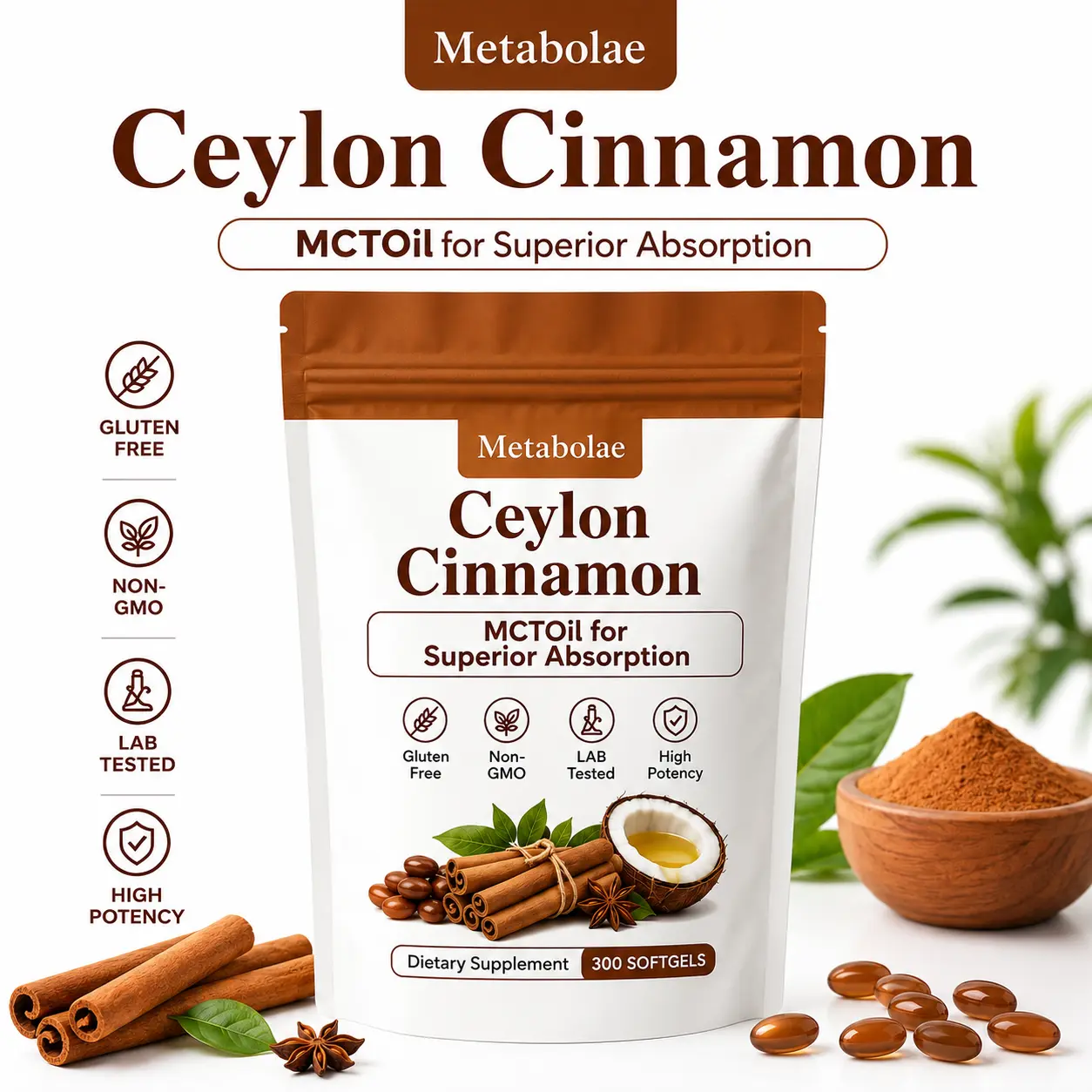 Metabolae Ceylon Cinnamon Softgels, 300 Count, Pure Ceylon Cinnamon, Gluten Free, Daily Metabolic Nutrition Supplement