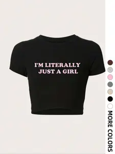 Women's Letter Print Round Neck Crop Tee, Vintage Trendy Casual Short Sleeve T-shirt for Daily Wear, Summer Outfits 2024, Ladies All Seasons Outfit, Round Neck Top, Casual Soft Top