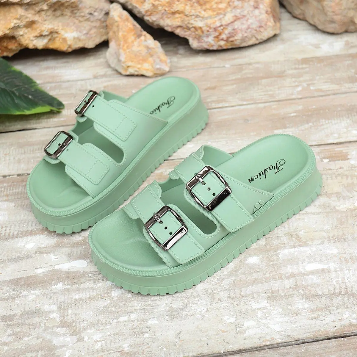 anti-slip Women Double Buckle Slide Sandals Adjustable Strap Soft Footbed Lightweight Flat Non Slip Open Toe Summer Breathable Slip On Casual Minimalist Fashion Indoor Leisure Travel Holiday  Wear Comfort Footwear slippers thick sole Wedge Apricot Color