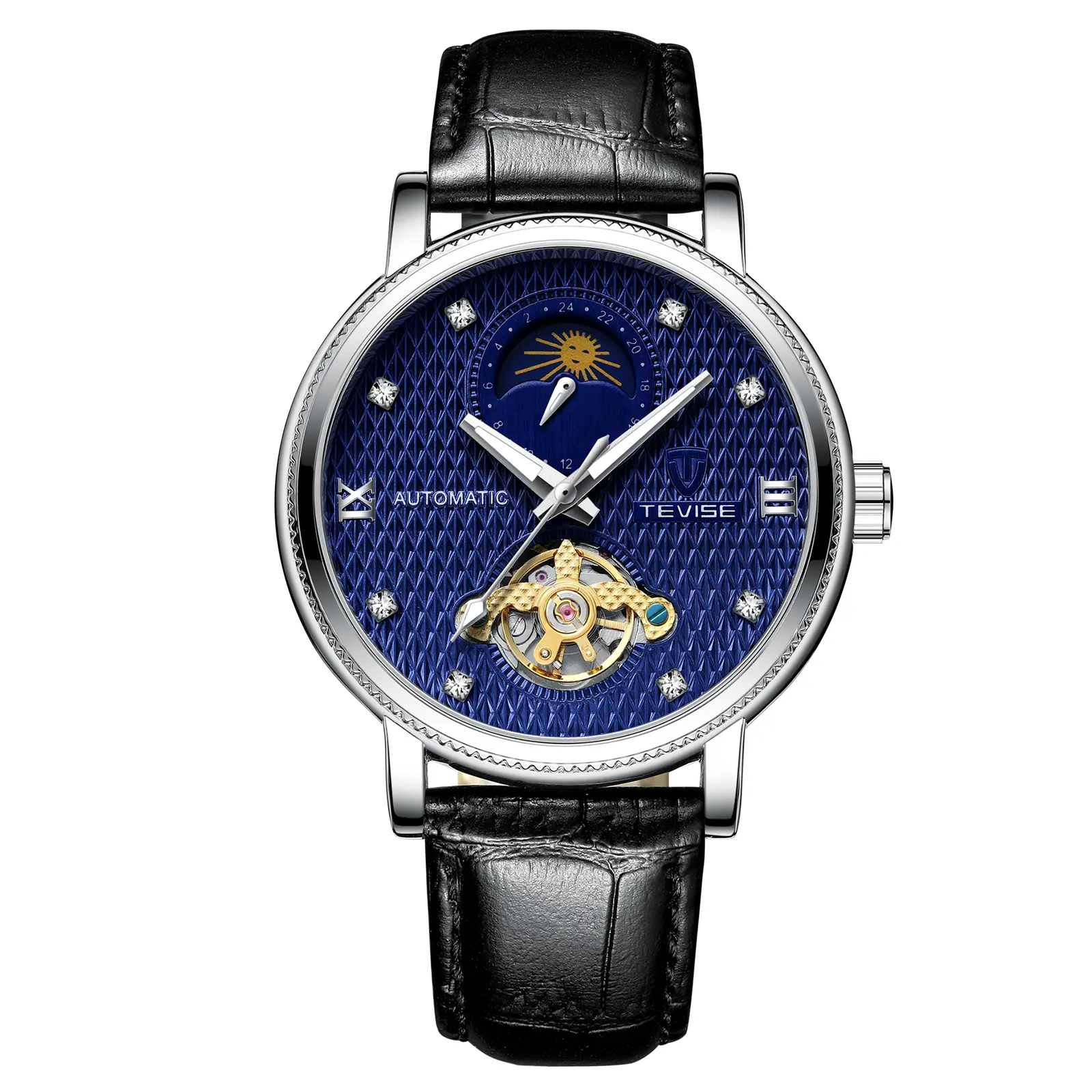 TEVISE Men's Fully Automatic Mechanical Movement Watch - Round Face, Cow Hide Leather Strap, Alloy Case, Luminous Stars & Planets, Water Resistant, 24-Hour Function, Multi-Functional for Business & Casual Wear, 30M - 50M, Mineral Glass, Classic