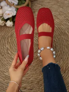 Women's Braided Mary Jane Flat Shoes, Square Toe Mesh Breathable Shoes, Comfortable Elegant Plain Knit Slip-Ons, Walking Shoes, Breathable Flats