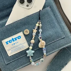 [Cute Charm] Blue Star Seashells Beaded Phone Wrist Strap | For Woman Girl | Cute Charm Chain Flower Phone Lanyard Keychain | For iPhone Case Phone Charms