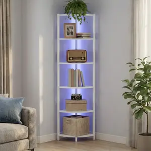 Corner Shelf with LED Lights, 6-Tier Corner Bookshelf, 66'' Organizer Book Shelf Shelves Steel Frame Display Stand with Living Room, Bedroom, Study, White