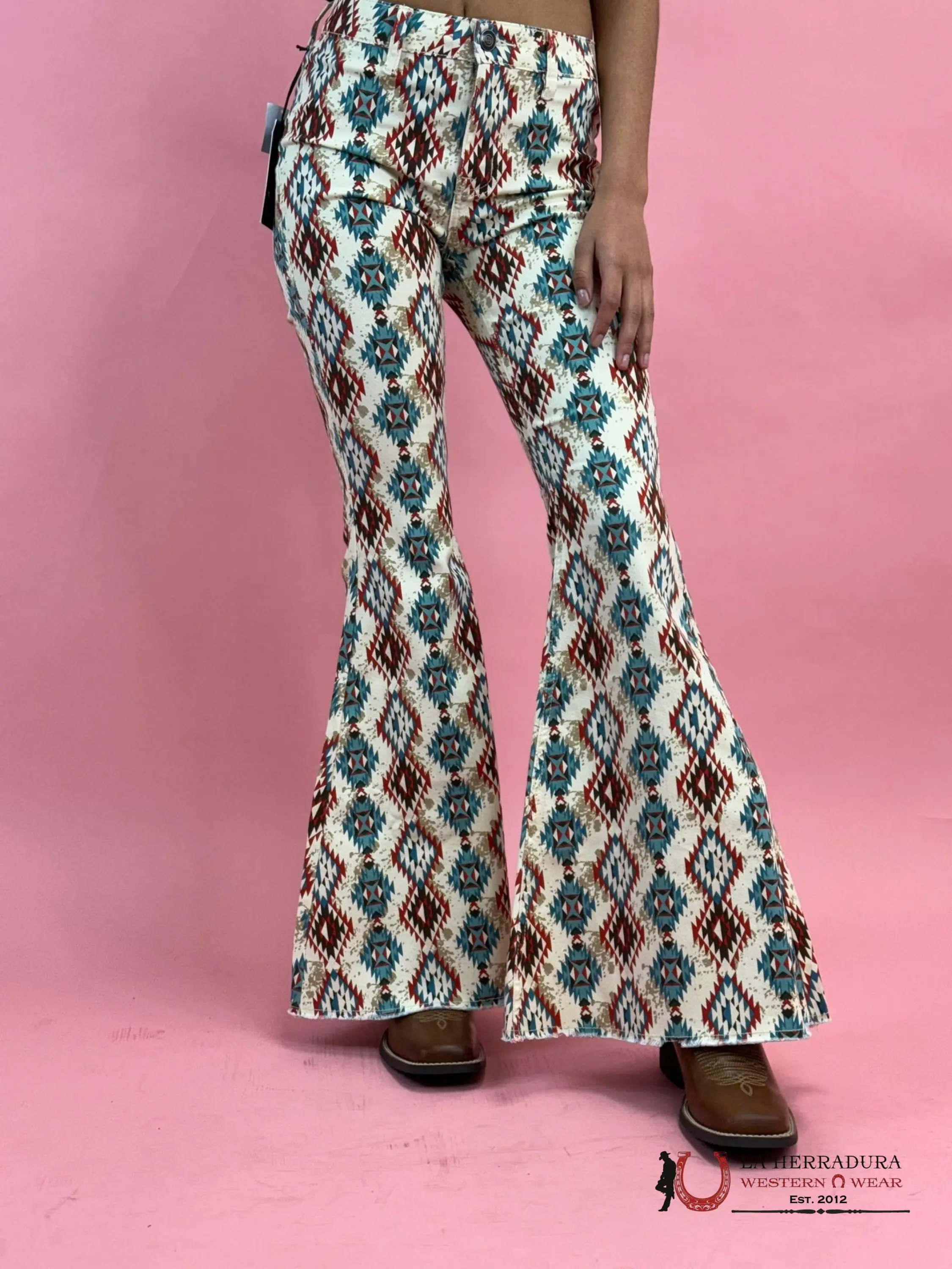 Women's Soft Natural Cowhide Geometric Print Rock&Roll Aztec Bell Bottom Jeans, Fabric Pants BW7PD02235, Clothes, Western, Aztec Print, Leather, Natural Waist