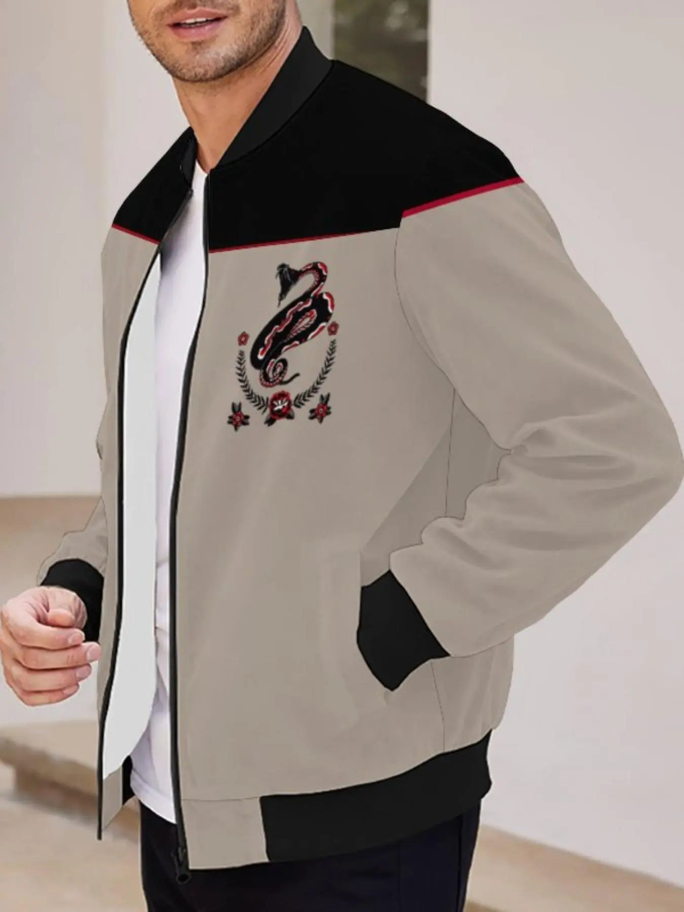Men's Regular Fit Cobra King Print Zip Up Bomber Jacket, Casual Long Sleeve Baseball Collar Outerwear for Fall & Winter, Men's Clothes for Daily Wear