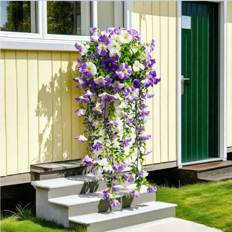 Outdoor simulation violet flowers, 2/4-piece set of UV-resistant fake hanging plants, silk long hanging vines for spring outdoor potted plants, porch and garden decor, suitable for Mother's Day, Thanksgiving, Christmas, wedding decorations and more.