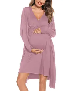 SWOMOG Women Maternity Nursing Gown and Robe Set 3 in 1 Labor Delivery Nursing Nightgown for Breastfeeding Hospital Bathrobe  labor gown for hospital