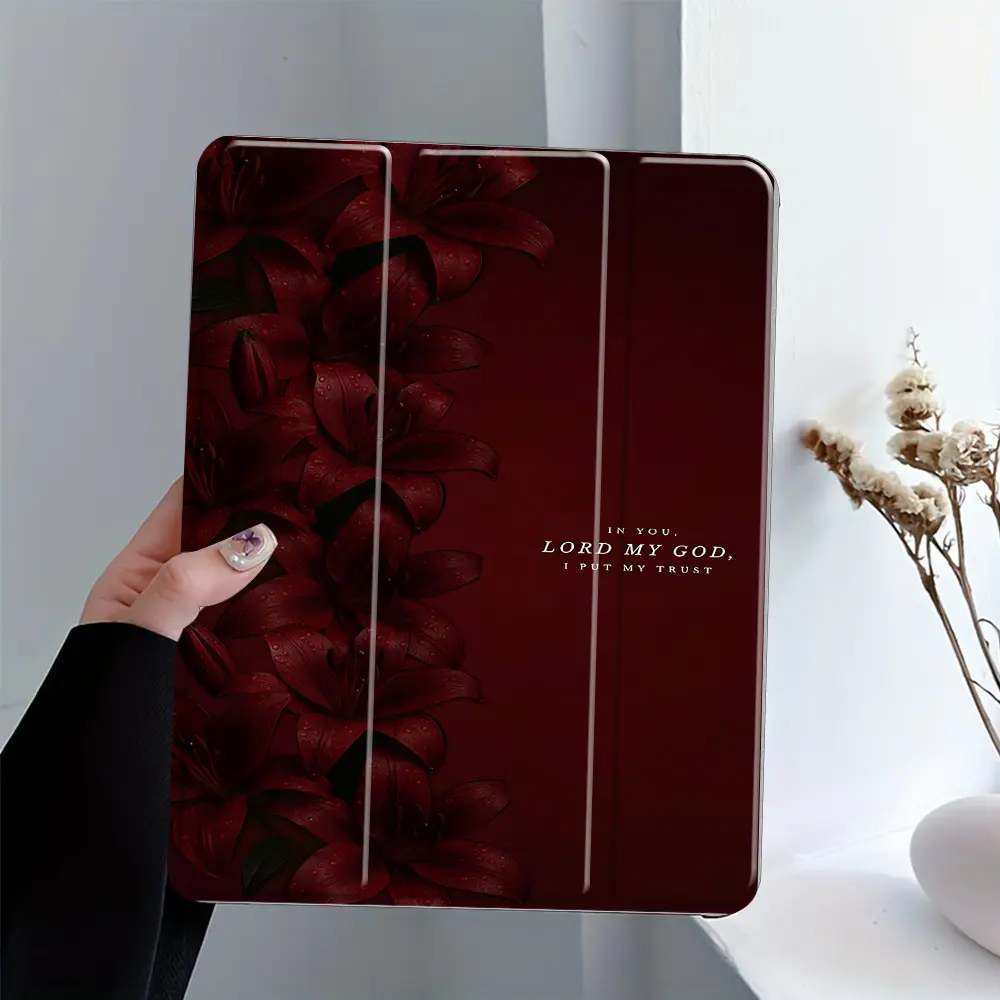 Inspirational Christian Quote Red Lily Aesthetic TPU Tablet Case with Stylus Holder, Auto Wake/Sleep, Protective Casing for iPad 10th/11th/9th/8th/7th/6th/5th Gen, Mini, Air 4th Gen Accessories
