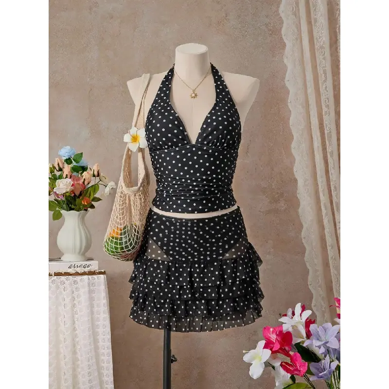 Women's 3-Piece Polka Dot Tankini Swimsuit Set, Elegant Fitted Sports & Outdoor Swimwear for Beach Use