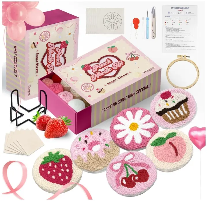 6PCS Punch Needle Coaster Kit, Easy DIY Embroidery Set for Beginners & Adults with Patterns, Tools, Yarns, Hoop, Instructions & Coaster Holder