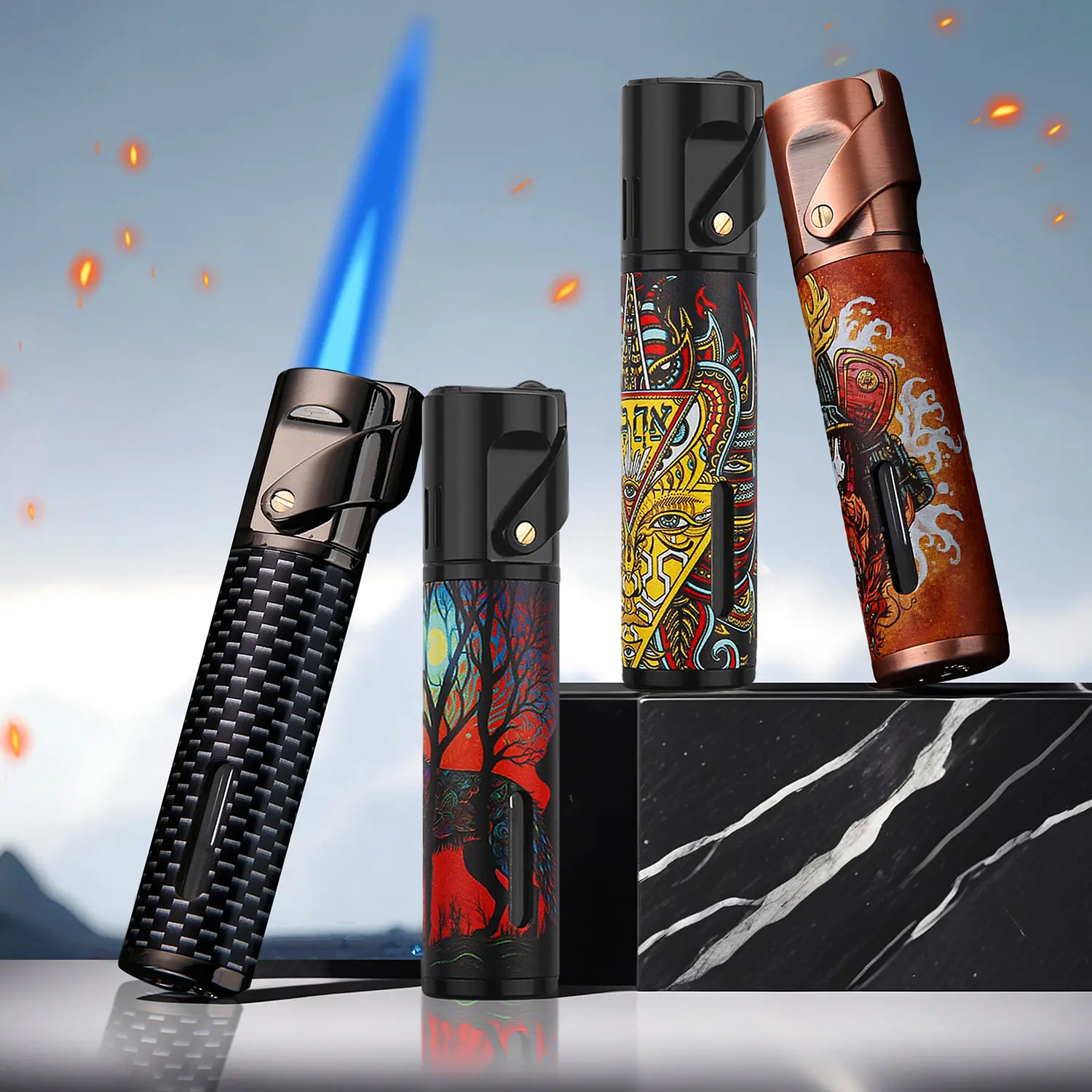 Zinc Alloy Windproof Refillable Butane Jet Blue Flame Metal Torch Lighter, Creative Colorful Cylinder Design, Press Ignition, Easy-to-Use Outdoor Fire Starter for Camping, Barbecue (No Butane Fuel)
