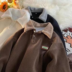 2026 NEW Corduroy Polo collar sweater couple autumn and winter style plus velvet thickened simple fashion lamb wool coat Comfort Long Sleeve