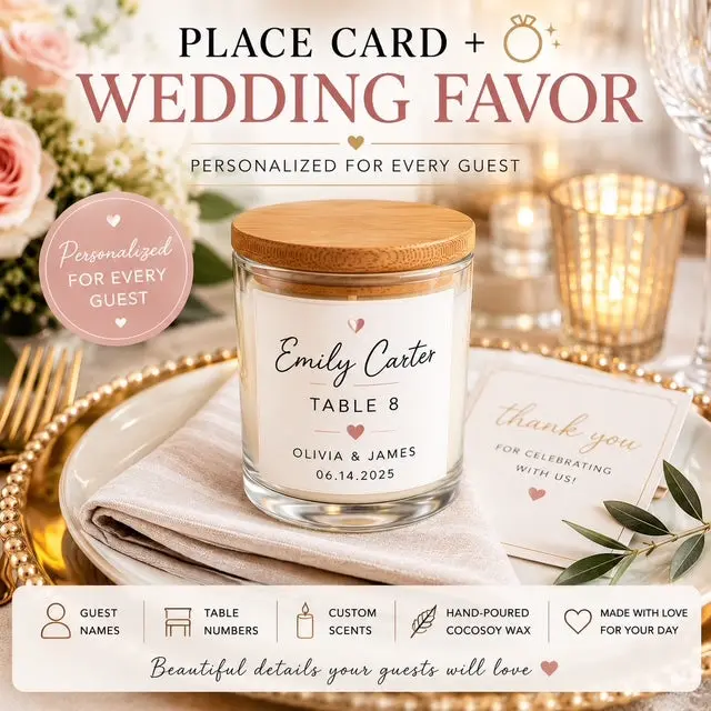Personalized Wedding Place Card Candle | Custom Wedding Favor | Guest Name Candle | Table Number Candle | Wedding Reception Decor