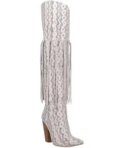 Dingo Women's Kitty Kat Snake Print Fringe Tall Western Boot Round Toe - Di 706-White