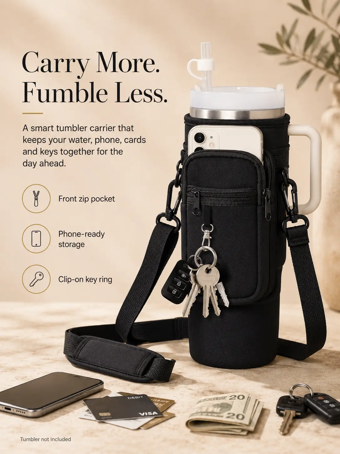 40oz Tumbler Carrier Bag with Phone Pocket, Water Bottle Holder Pouch Compatible with Stanley Quencher H2.0 40 oz Cup, Crossbody Neoprene Cup Sleeve with Adjustable Padded Strap, Key Hook, Zipper Pocket for Gym, Travel, Walking, School, Black, Daily Carry