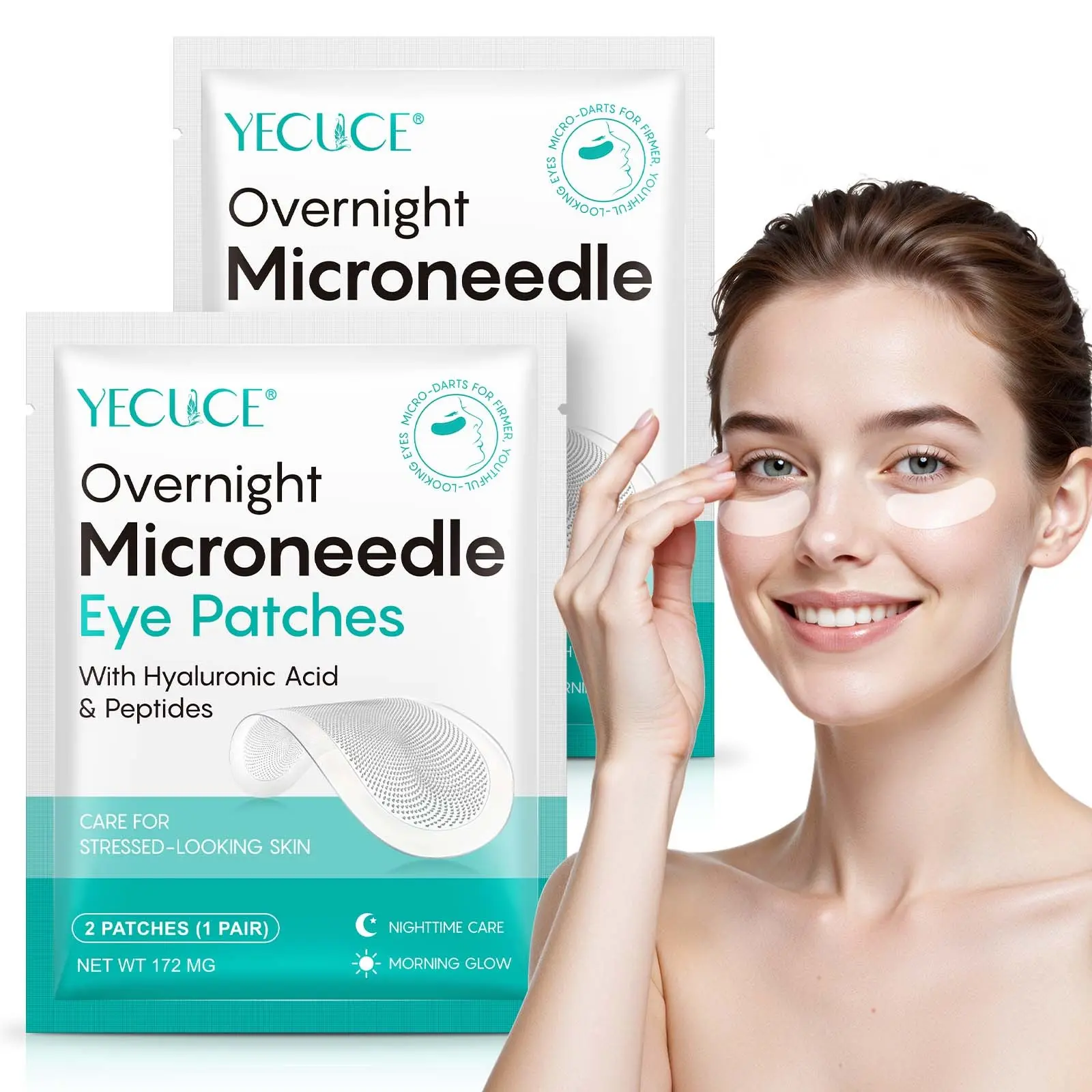Yecuce Micro Needle Tightening Eye Patches 2p, Tighten Loose Eyelids, Hyaluronic Acid & Peptides, Hydrating Eye Patches, Nightly Active Ingredients Release, Efficient Care Experience