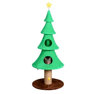 59in Large Tall Christmas Tree Cat Tower with 2 Cat Condos & Scratching Post, Soft Fleece Cat Tree with Teaser Toy & Sturdy Base & Built-in Openings for Indoor Cats, Green
