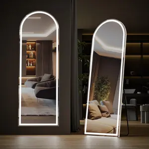 Full Length LED Mirror with Lights, Arched Floor Mirror with 3 Color Temperatures and Dimmable Brightness, Smart Touch Control Standing Mirror with Burst-Proof HD Glass and Stable Metal Stand for Bedroom Bathroom Living Room Cloakroom
