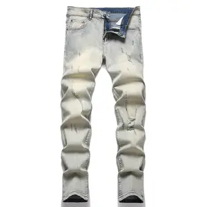 XIMXIMMTIAN Men Ripped Jeans  Distressed Slim Fit Designer Street Fashion Straight Stretch Water Washed Casual  Biker Blue Denim Pants