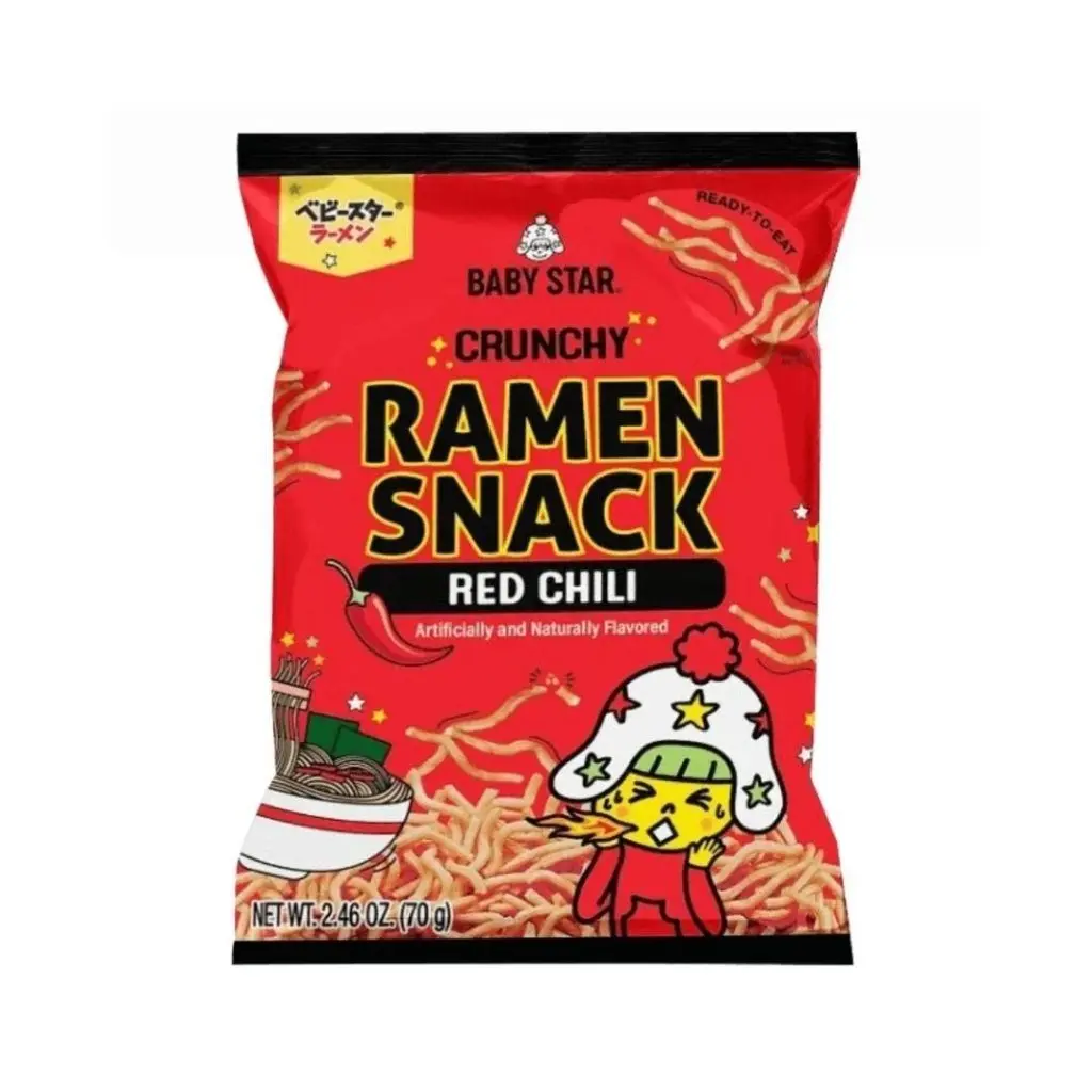 Baby Star Crunchy Bite Red Chili Ramen Snack - 70g, Crisps & Puffed Snacks, Wheat, Salty & Savory, Maltodextrin, Tapioca Starch, Sorbitol