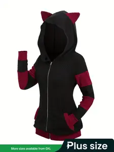 【Plus Size】 3D Ear Design Colorblock Jersey Zipper Hooded Coat, Casual Long Sleeve Pocket Outerwear for Spring & Fall, Women's Clothes for Daily Wear