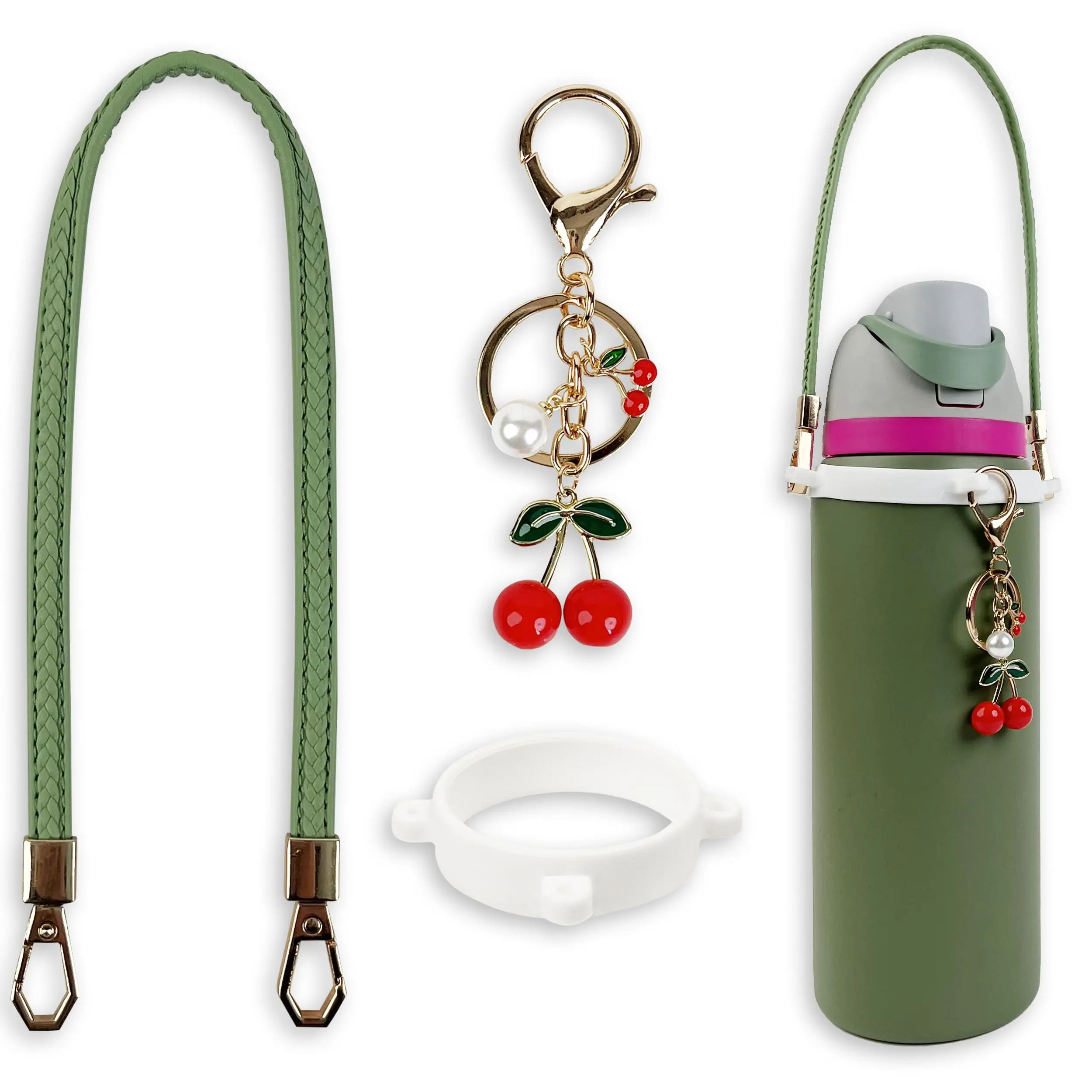 Handle Strap And Cherry Charm Set For Owala Water Bottle 24 Oz  32 40 Coffee Tumbler Freesip - Includes Accessories & Cup