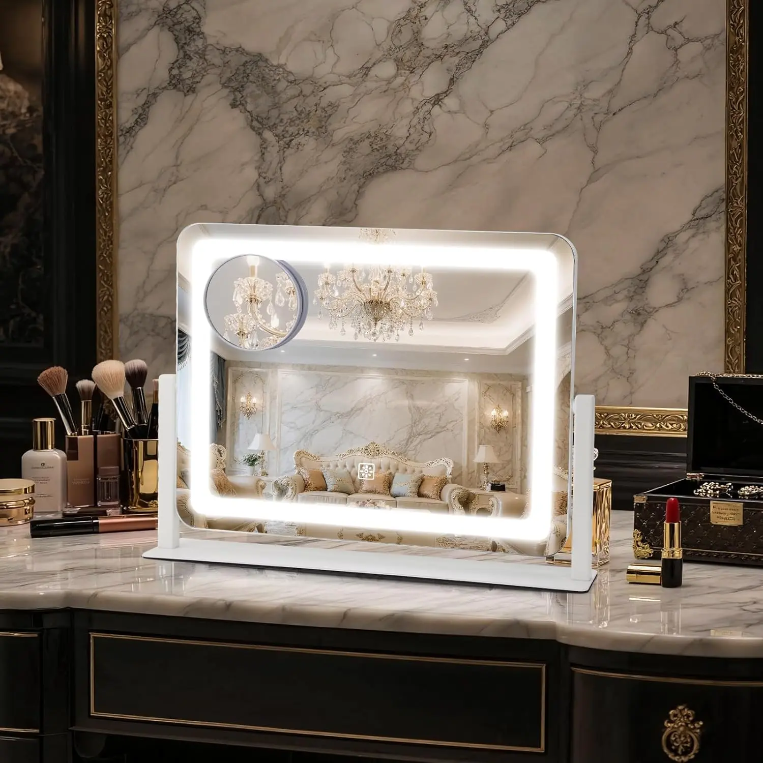 LED Lighted Vanity Makeup Mirror (White) - 16×12.4in Rectangle Frame, 10X Magnification, Smart Touch 3-Color Light Swap, Adjustable Dimmable, 360° Rotation, Gifts for Girlfriend, for Bath/Bedroom Makeup Desk