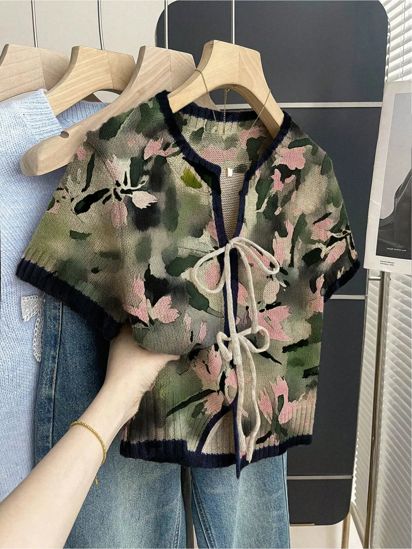 Women's khaki bohemian vacation short-sleeve knit top. Loose round neck, contrast patchwork ink-wash print, front tie and contrast piping. Comfortable for spring & summer casual wear. Womenswear