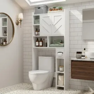 Walsunny Over The Toilet Storage Cabinet, Farmhouse Storage Cabinet with 2 Barn Door & Toilet Paper Holder Stand, Toilet Rack for Bathroom, Laundry Furniture Organizer, White