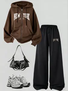Girls Y2K New Arrivals Set, New York Est1997 Zipper Drawstring Hoodie + High-Waisted Straight Leg Pants, Essential for Women & Teens