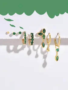 Green Color Natural Stone & Zirconia Stud Earrings Set - 8pcs for Women's Daily Wear, Date, Party, and Work