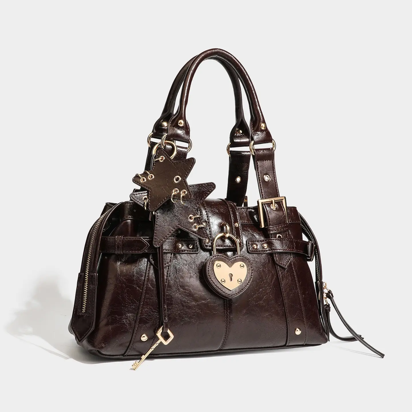 Y2K Biker Boston Bag for Women, Studded Belt Shoulder Handbag with Metal Buckle, Large Capacity Punk Purse