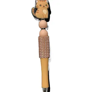 Beaded Cat Pen with Adorable Cat Charm and Sparkling Rhinestone Grip for Stylish Writing