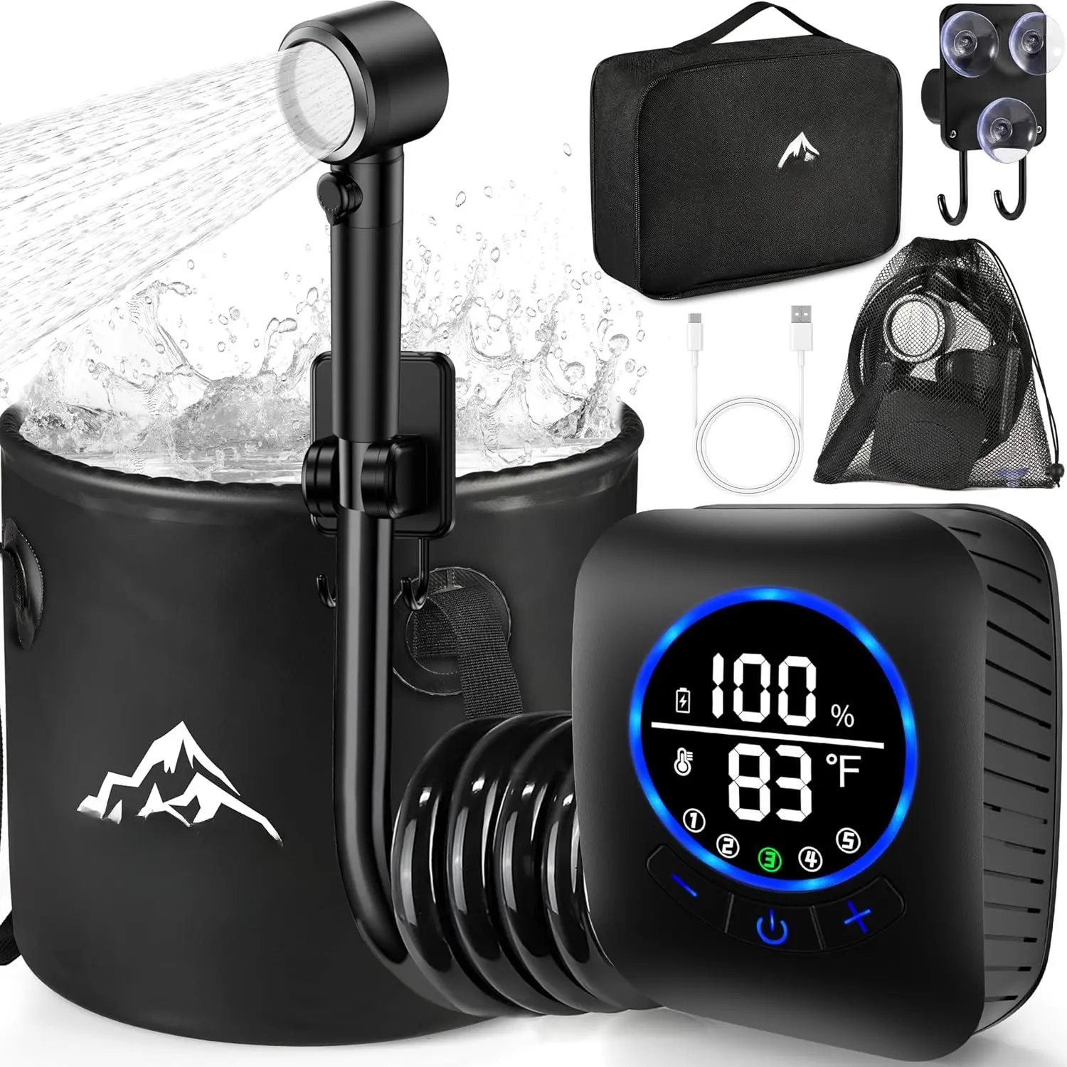 Portable Shower for Camping, 8000mAh Rechargeable Camping Shower Pump with XL Foldable Bucket, IPX8 , Surrounding Water Inlet, 5  Modes Outdoor Shower Pump for Hiking, Travel, Pet