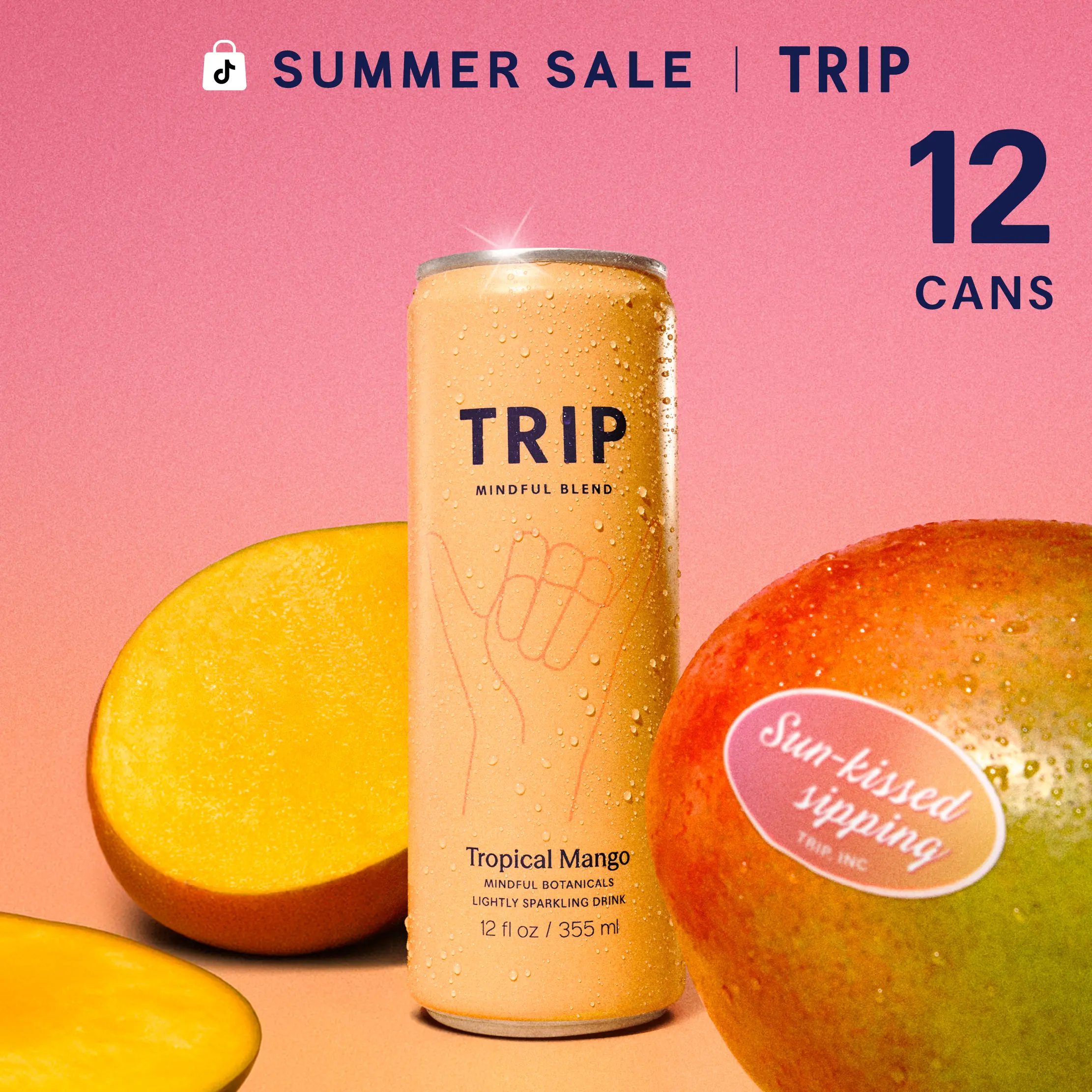 TRIP Tropical Mango Sparkling Magnesium Drink — 120mg Magnesium, Lion's Mane, Chamomile & Lemon Balm, Non-Alcoholic, No Added Sugar, Vegan (12-Pack, 12oz)