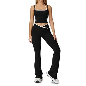 Women 2 Piece Outfits Color Block Halter Crop Top & V‑Waist Flare Leg Leggings Set Casual Workout Yoga Tracksuit
