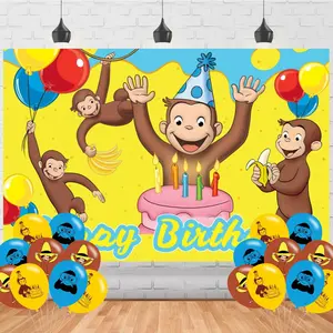George Monkey Backdrop 5x3 Vinyl Cartoon Monkey Birthday Party Supplies Photography Background Picture Photoshoot Cake Table Decor Banner Shoot Drapes Poster