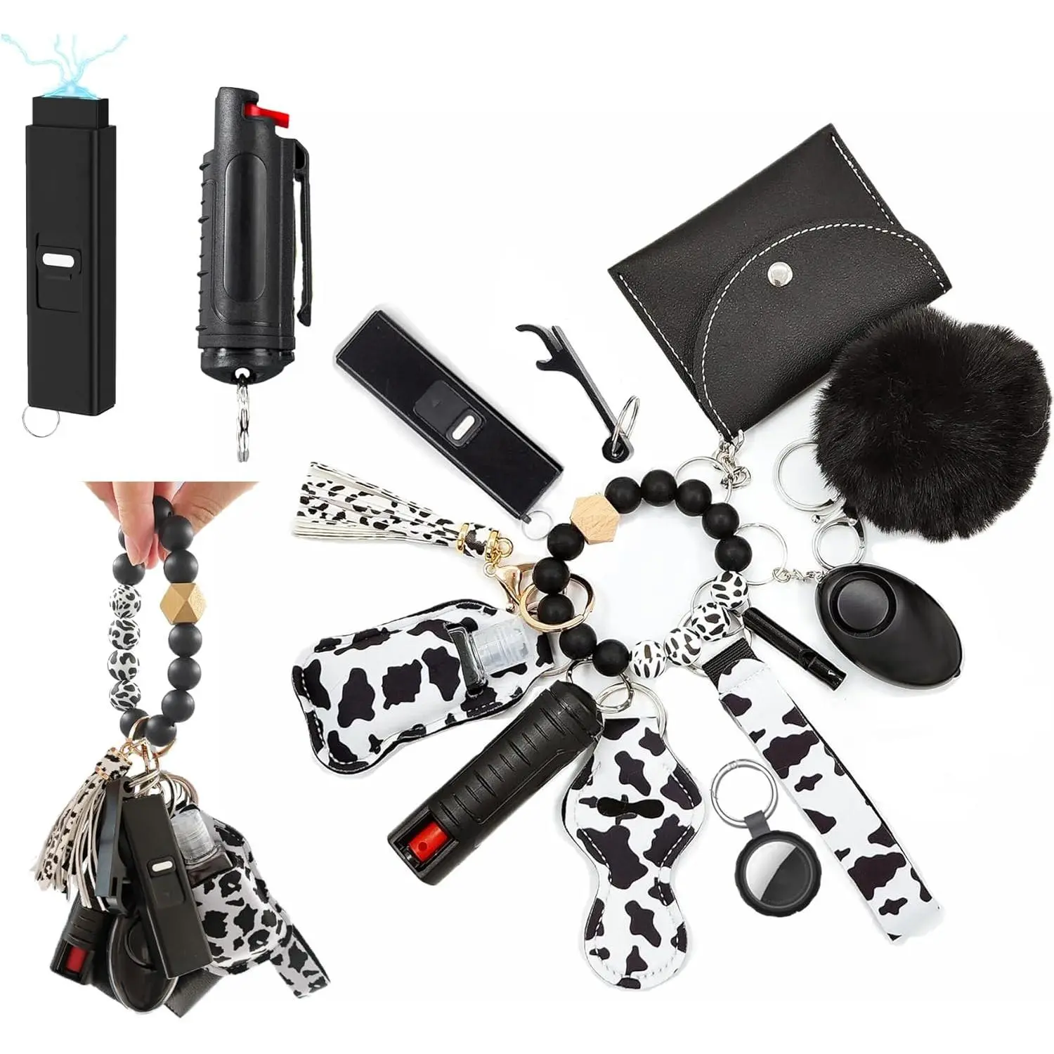 Keychain Set for Woman with Card Holder, Wristlet Lanyard,Pom Pom Ball,Travel Bottle Holder(cowprint)