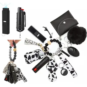 Keychain Set for Woman with Card Holder, Wristlet Lanyard,Pom Pom Ball,Travel Bottle Holder(cowprint)