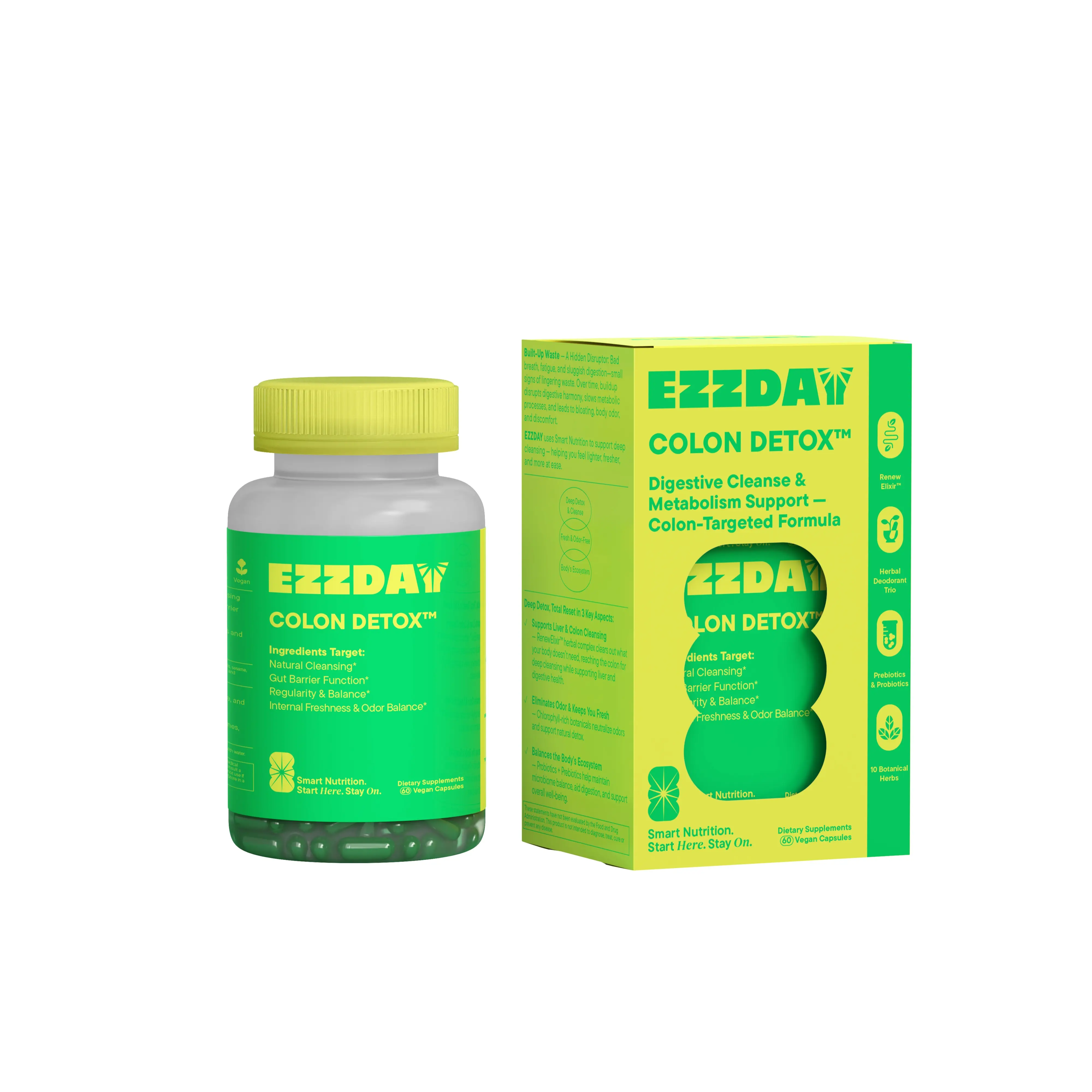 EZZDAY Colon Detox 10-in-1 Cleanse for Bloating Odor & Gut Reset with 8 Strain Probiotics & DigeZyme Enzymes Vegan Capsules Digestive Cleanse & Metabolism Support Prebiotic Fiber Supplement Edible Fitness Healthcare Milk Dietary Bathroom